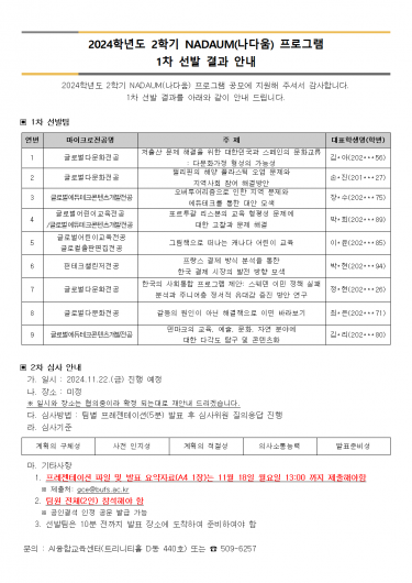 2024학년도 2학기 NADAUM 프로그램 1차 선발 결과 안내