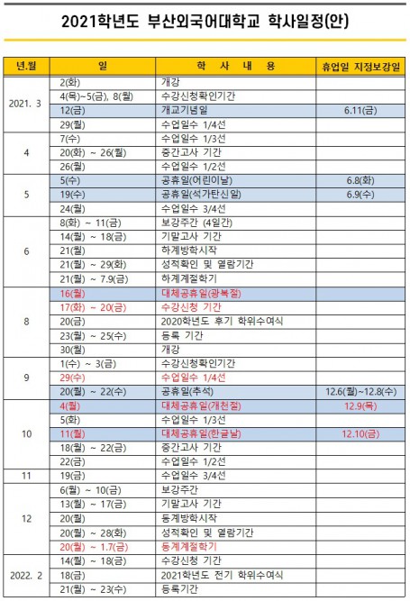 2021학년도 학사일정